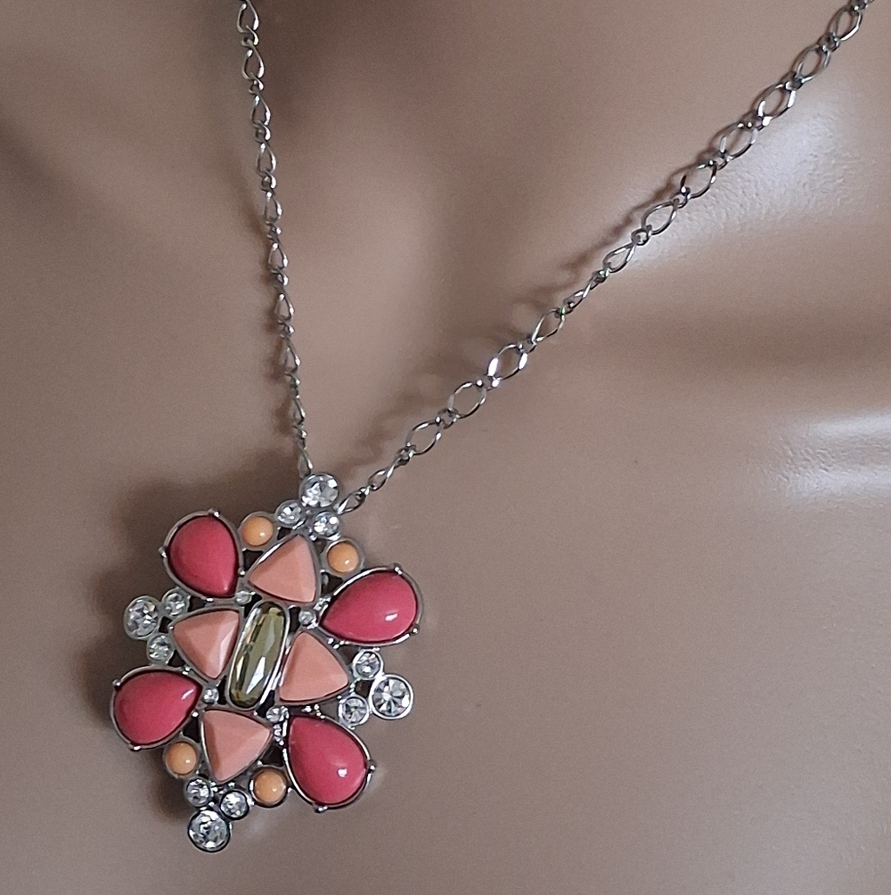 Lia Sophia Silvertone Pendant Necklace With Pink And Peach Cabochon Stones